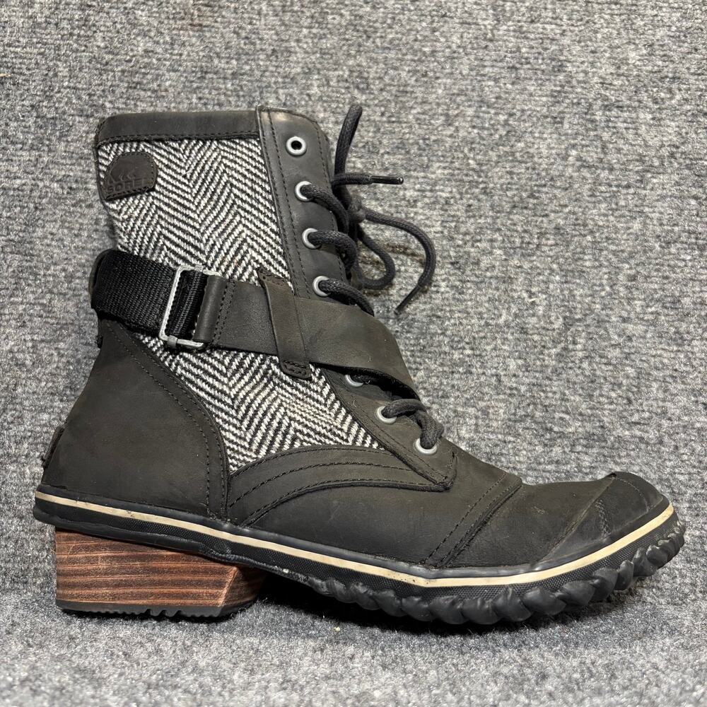 Sorel Slimboot Lace Black Herringbone Tweed Buckle Heel Ankle Boots Womens 11